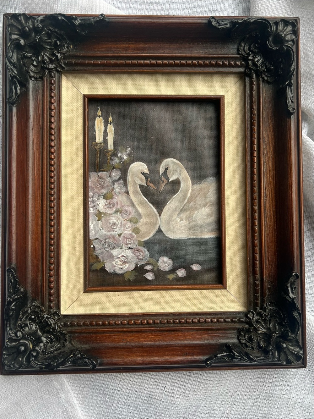 “ A Love Like This” Framed Swan Painting with Pink Roses